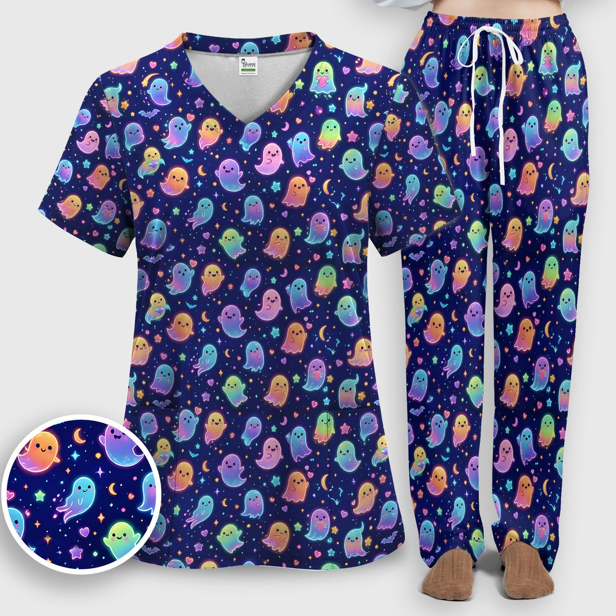 Neon Halloween Ghosts Nurse Scrub Set