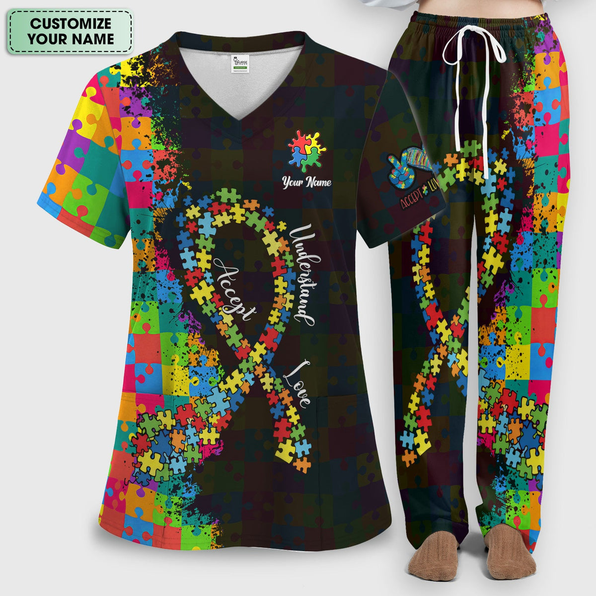 Personalized Autism Awareness Puzzle Ribbon Nurse Scrub Set