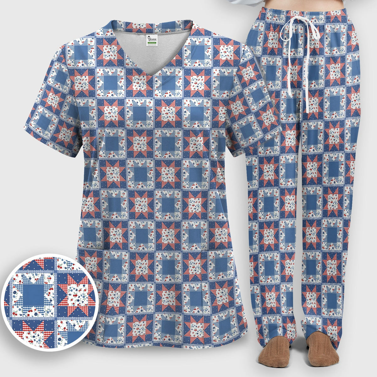 Vintage Patchwork Star Quilt Nurse Scrub Set