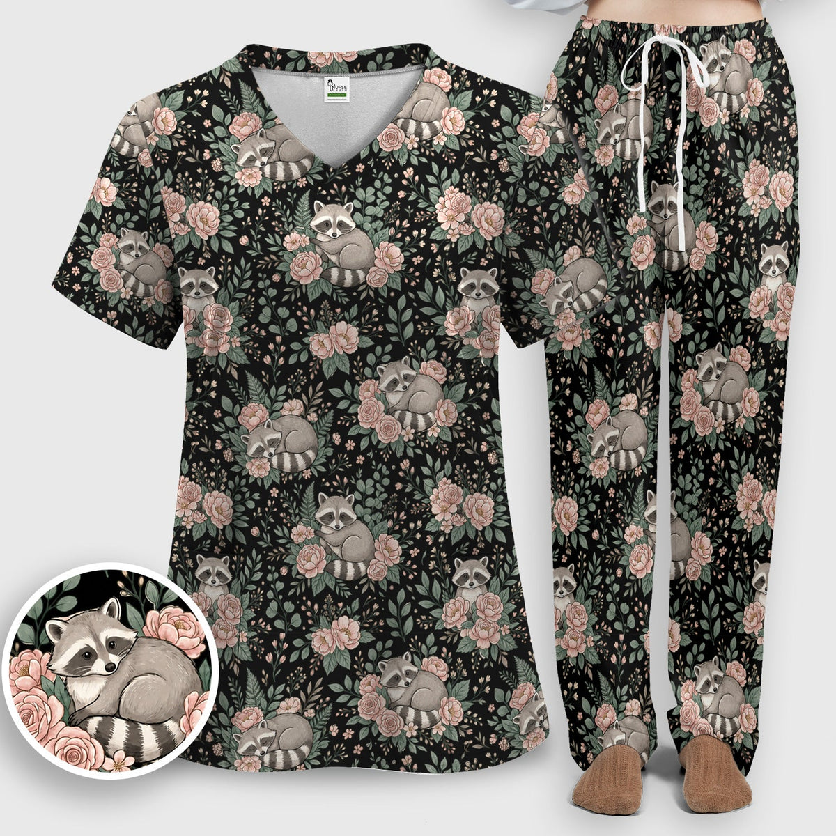 Sleeping Raccoon Rose Garden Nurse Scrub Set