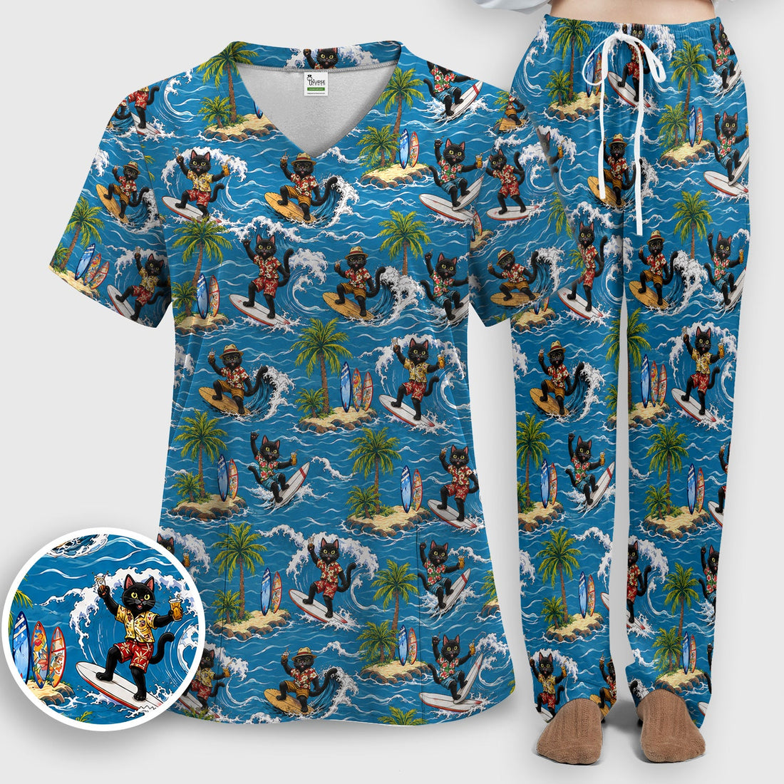 Tropical Black Cat Surfer Island Nurse Scrub Set