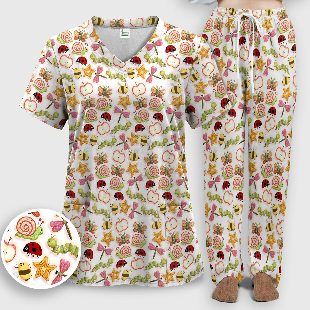 Snail Ladybug Caterpillar Apple Garden Nurse Scrub Set