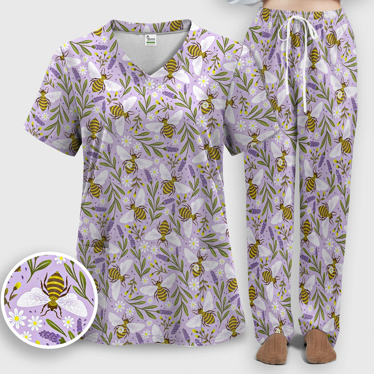 Lavender Bee Floral Nurse Scrub Set