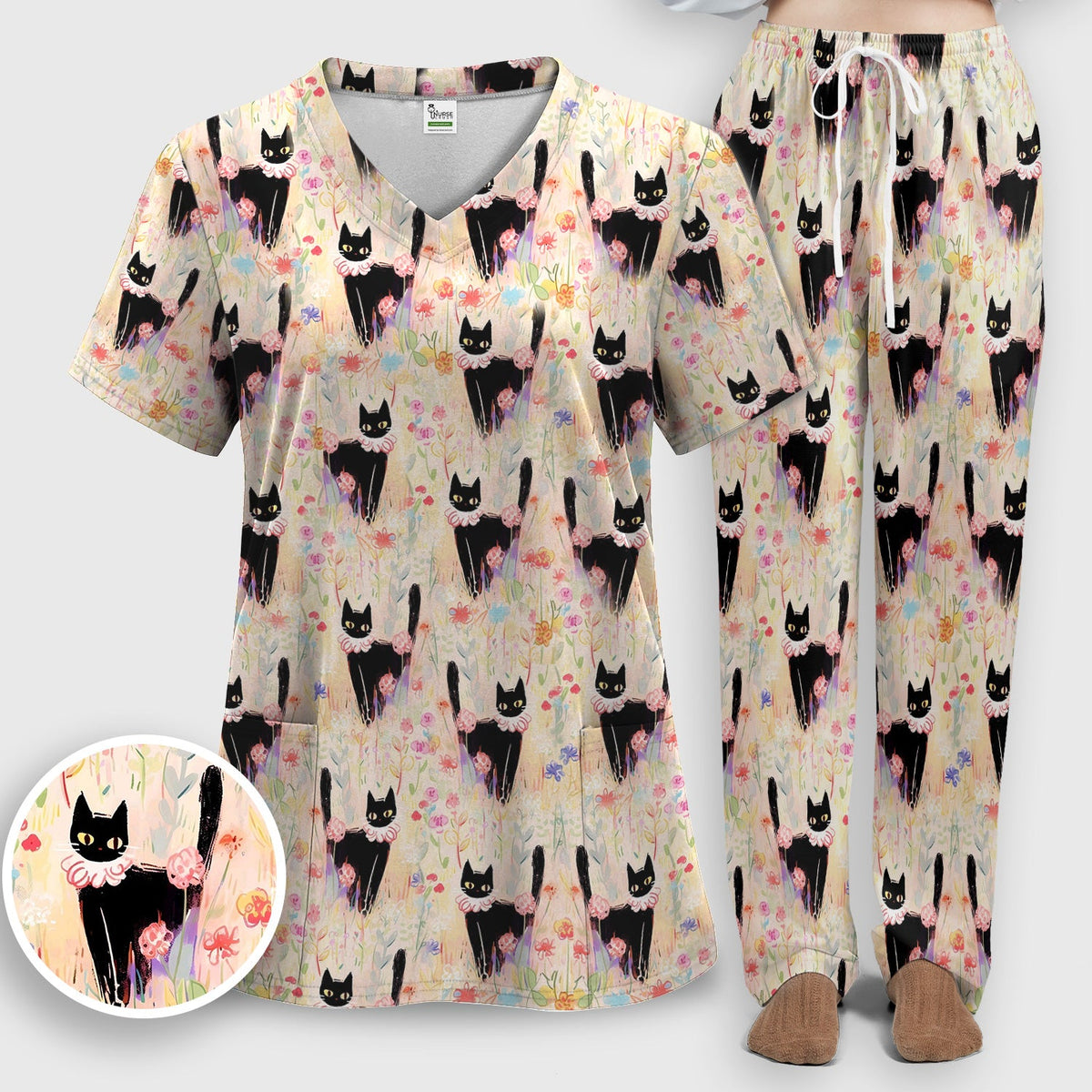 Black Cat Floral Garden Nurse Scrub Set