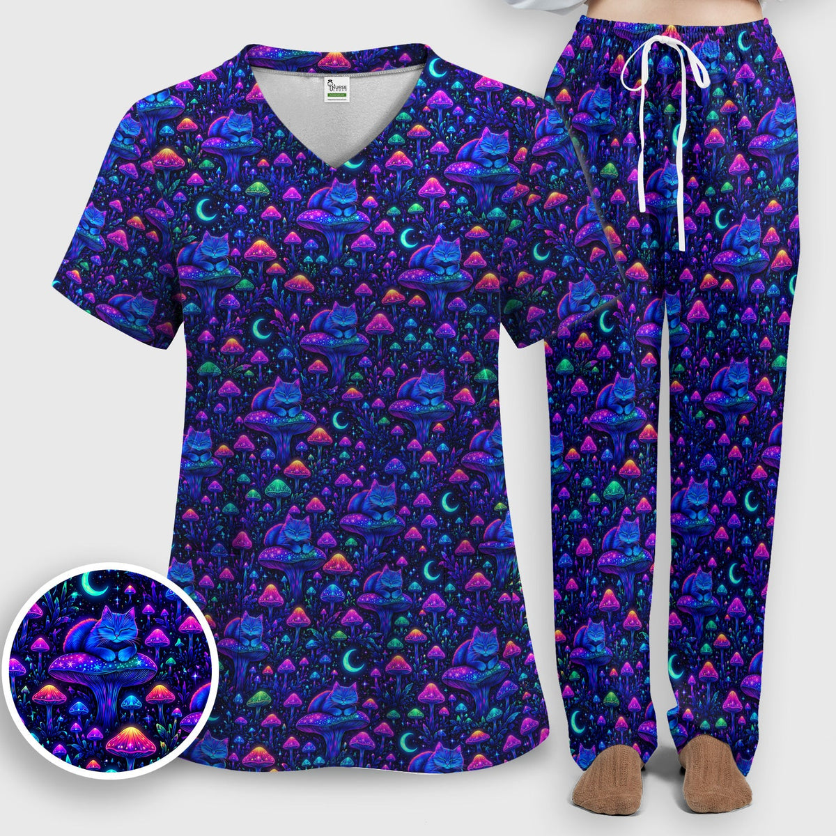 Neon Mushroom Cat Galaxy Nurse Scrub Set