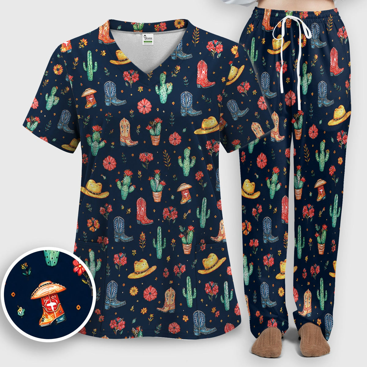 Whimsical Western Cactus Boots Nurse Scrub Set