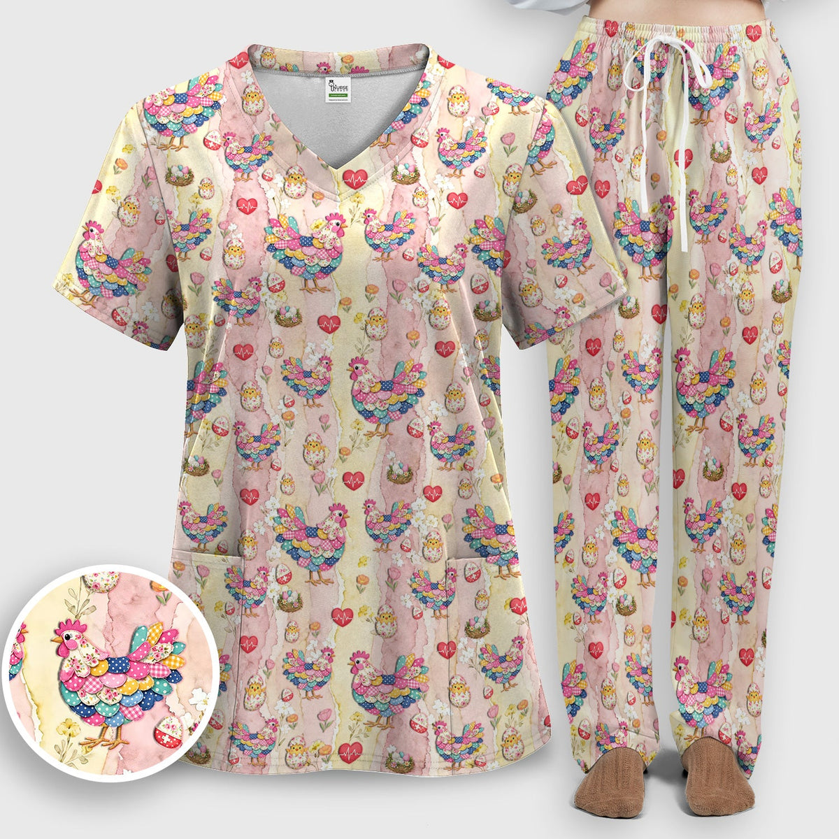 Colorful Chicken Easter Eggs Heart Nurse Scrub Set