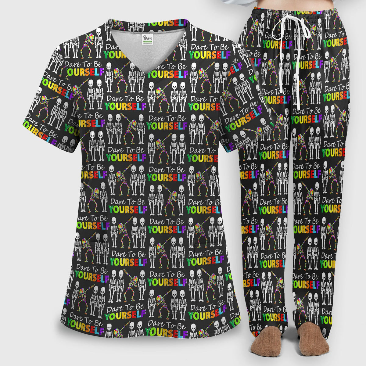 Rainbow Skeleton Dare To Be Yourself Nurse Scrub Set
