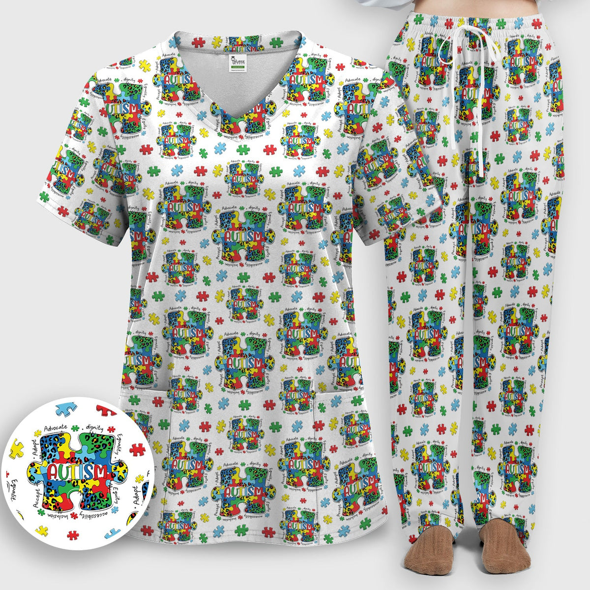Autism Awareness Puzzle Black White Nurse Scrub Set