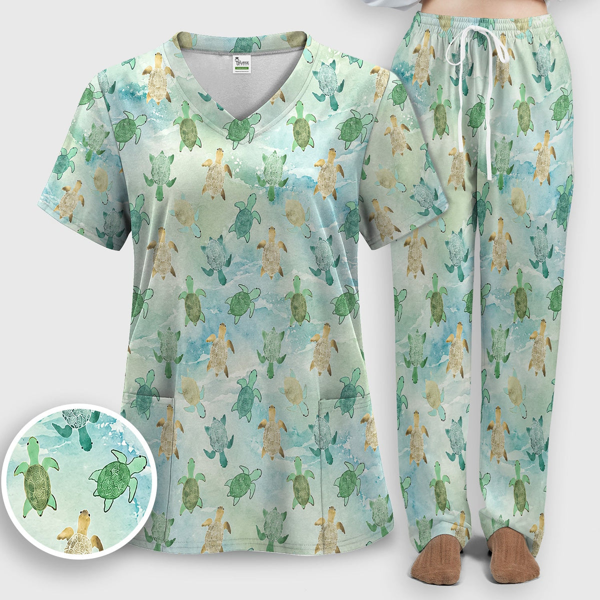Watercolor Sea Turtle Nurse Scrub Set