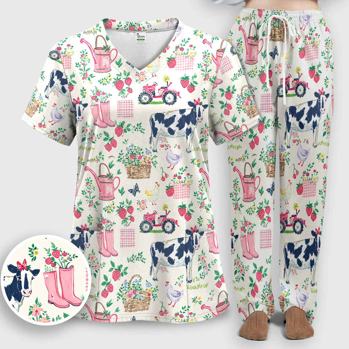 Strawberry Cow Country Style Scrub Top, Comfortable Scrubs for Nurses