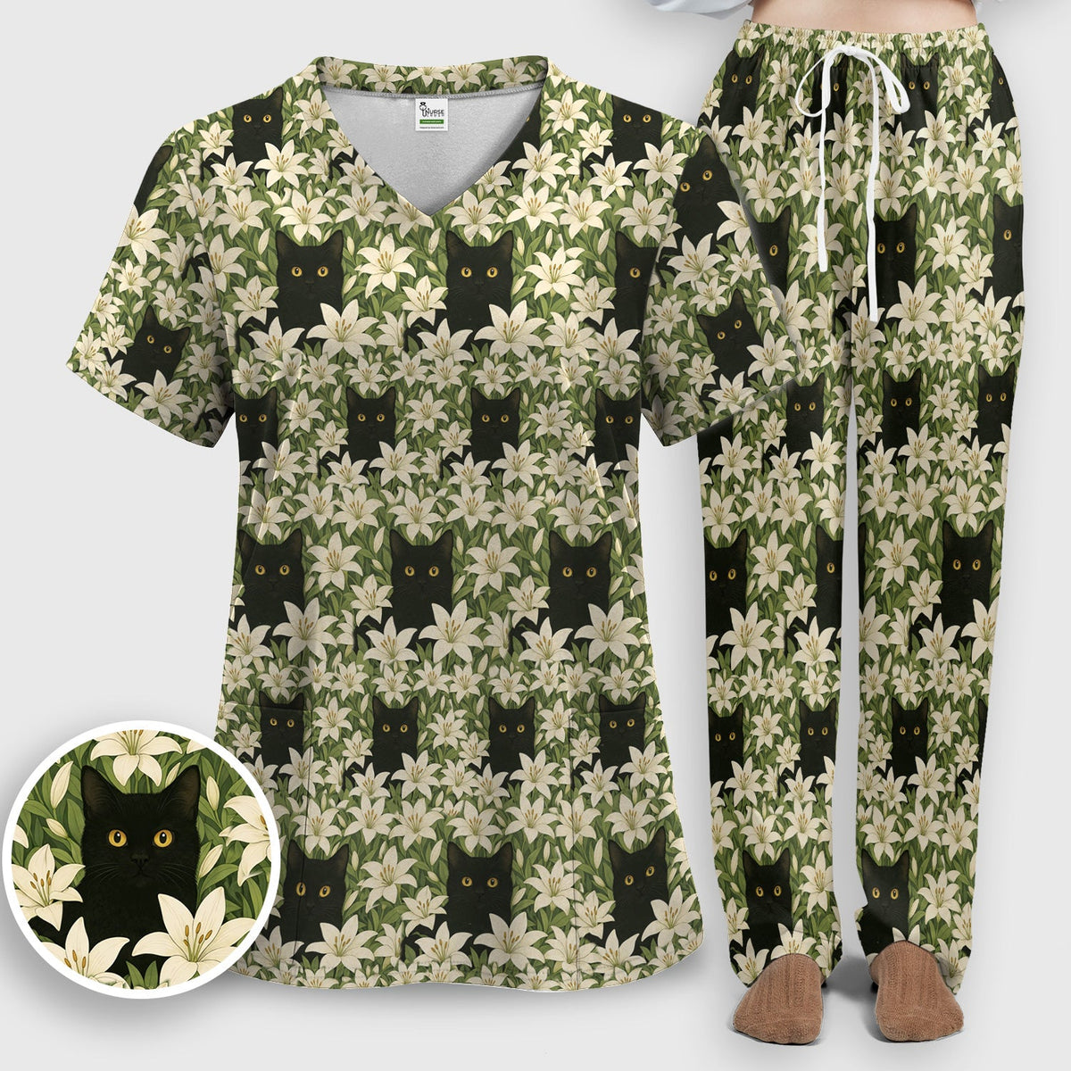 Black Cat Hidden In Lily Garden Nurse Scrub Set