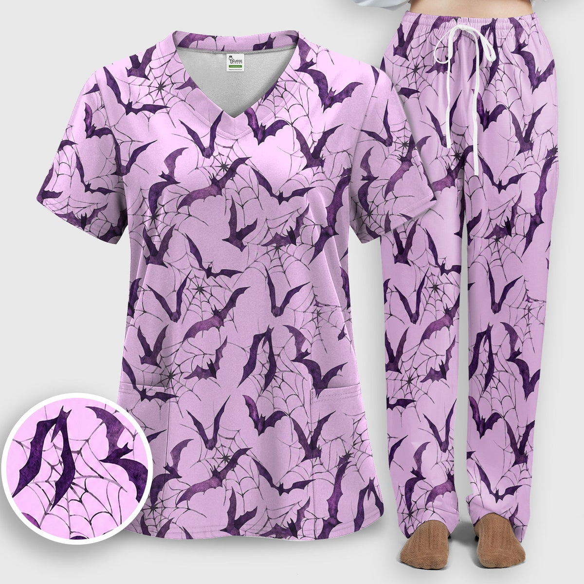 Bat with Spider Web Nurse Scrub Set - Halloween Gift