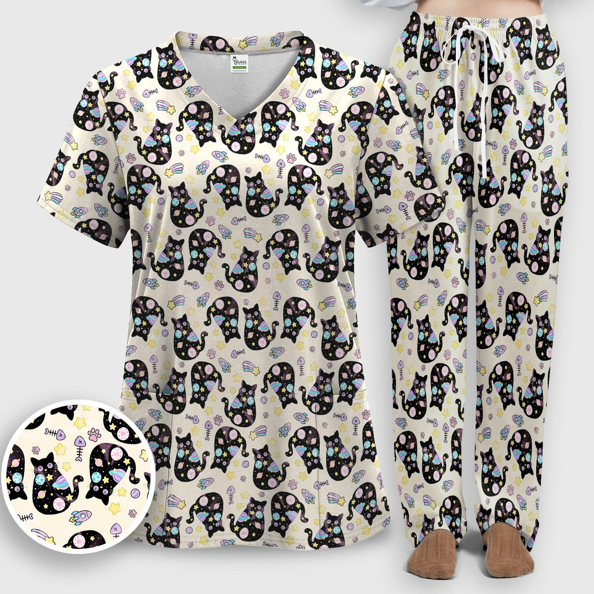Black Cat Galaxy Space Nurse Scrub Top