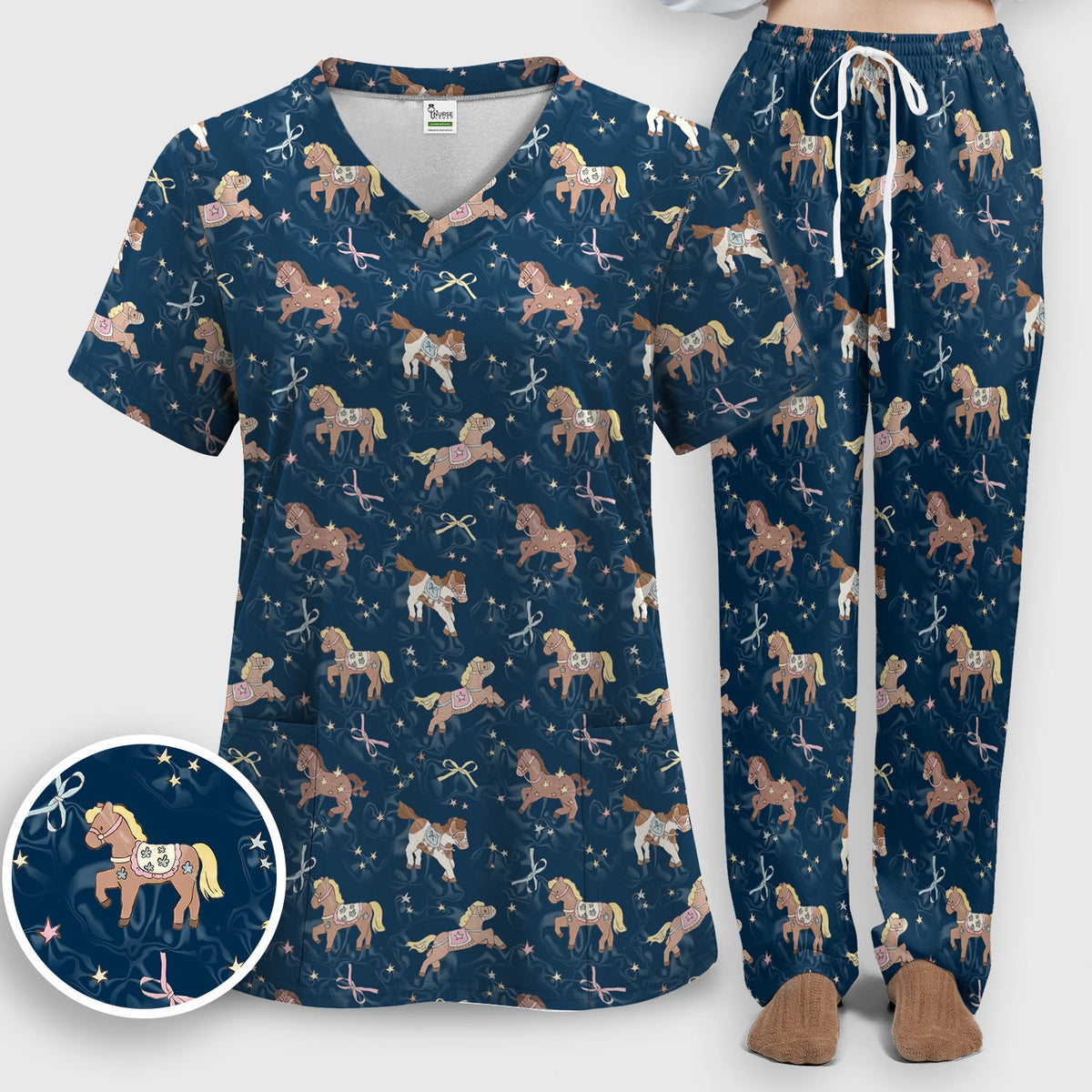 Cute Pony Star Pattern Scrub Set, Breathable Med Uniform