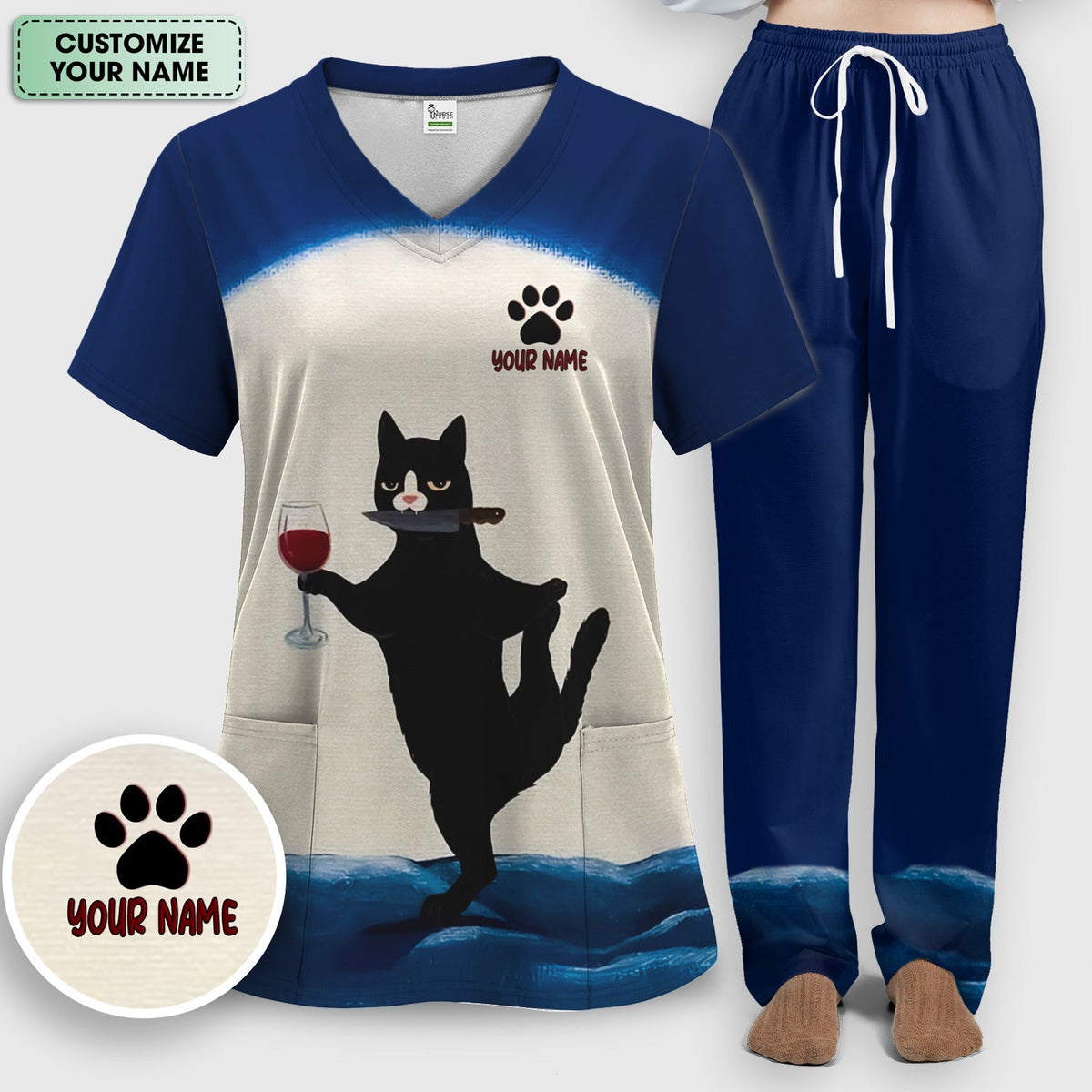 Personalized Cat Wine Glass Knife Nurse Scrub Set