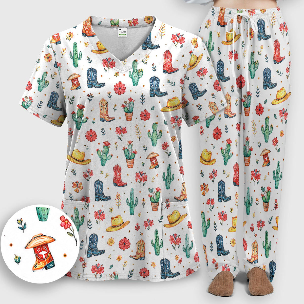 Whimsical Western Cactus Boots Nurse Scrub Set