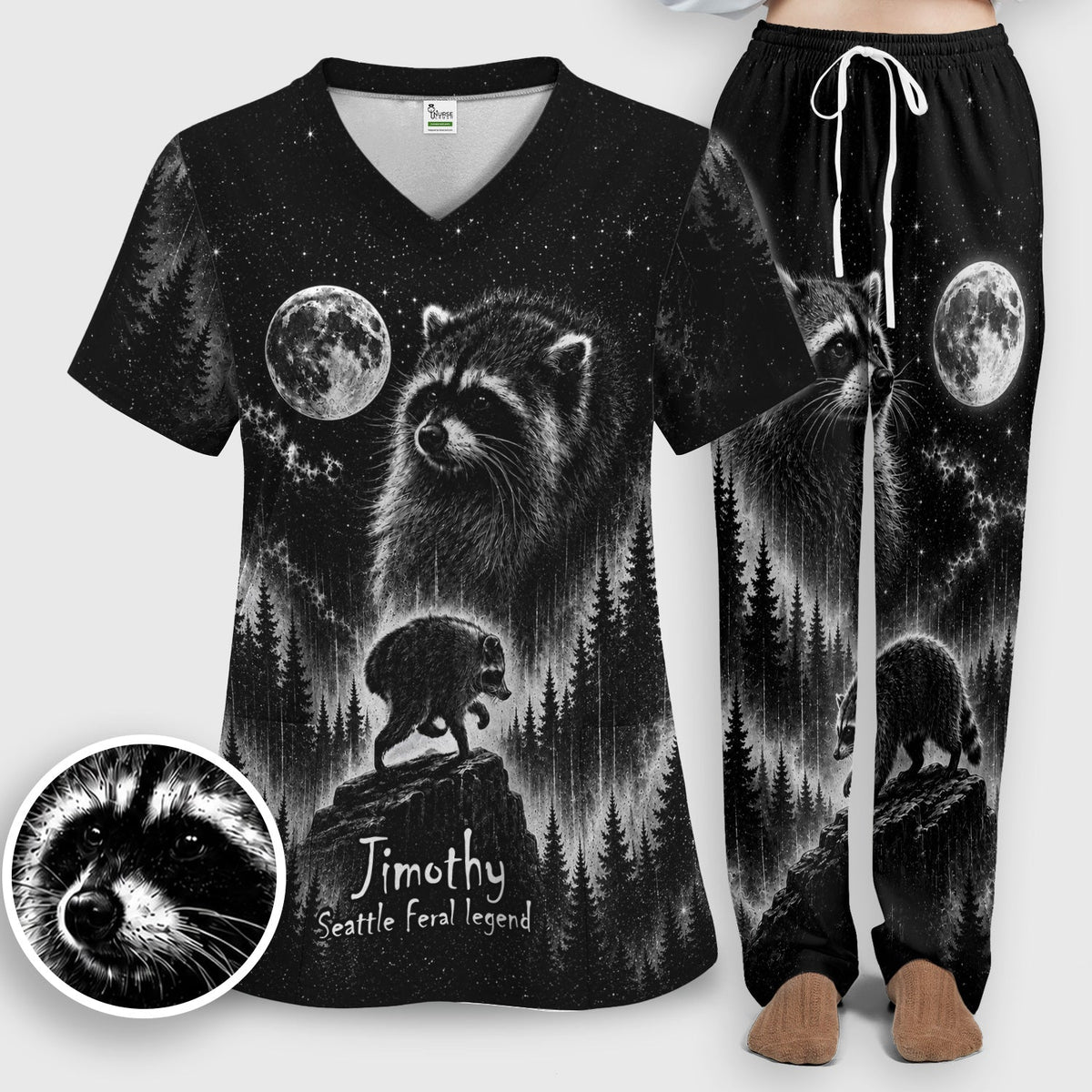 Moonlit Jimothy Raccoon Forest Nurse Scrub Set