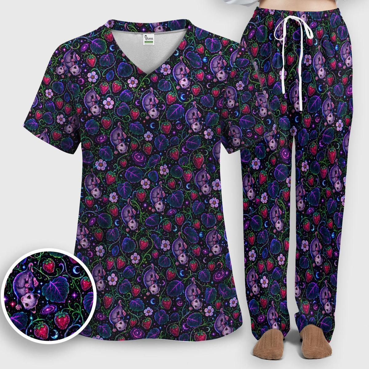Galaxy Strawberry Opossum Nurse Scrub Set