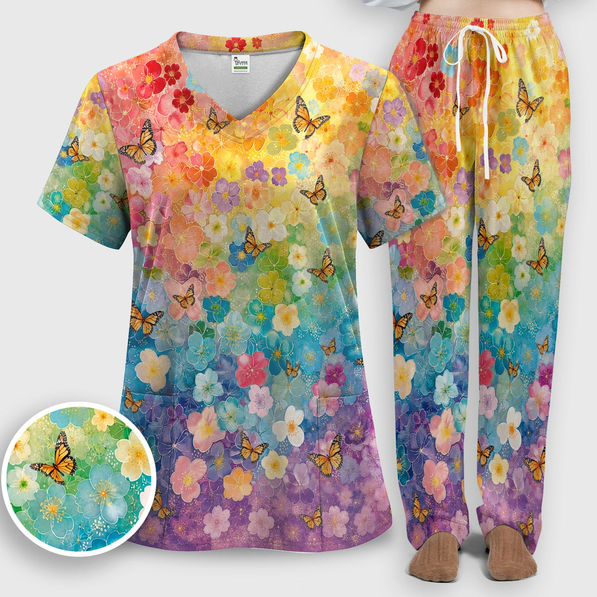 Rainbow Butterfly Floral Blossom Nurse Scrub Set