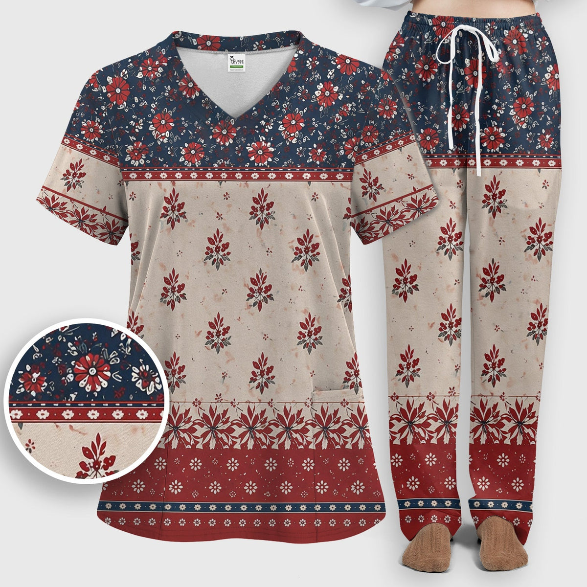Vintage Floral Border Red Blue Nurse Scrub Set