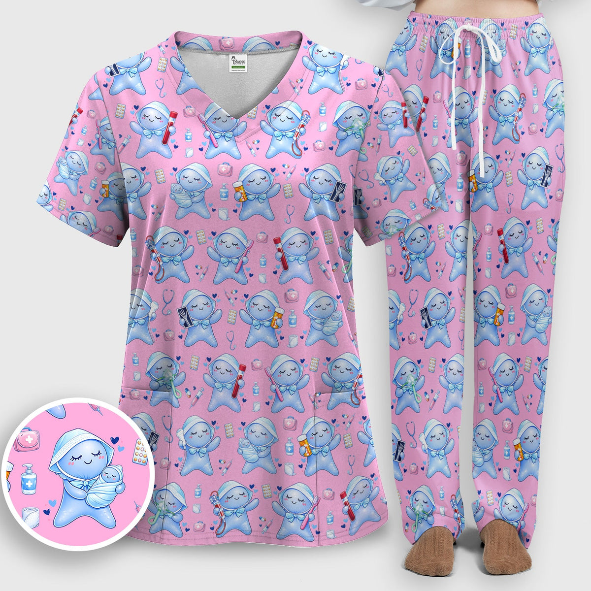 Dental Tooth Character Nurse Scrub Set