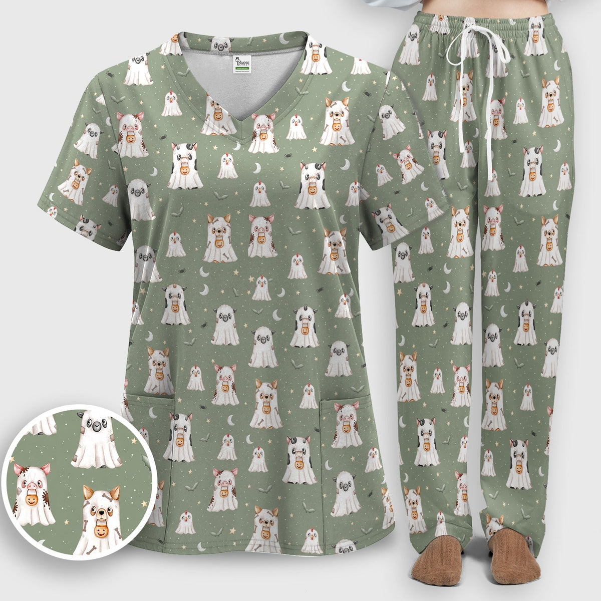 Spooky Farm Animal Ghost Nurse Scrub Set