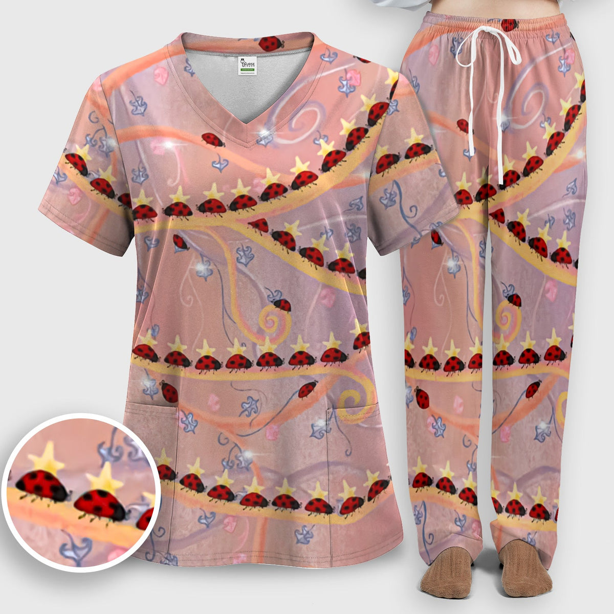 Ladybug Star Vine Swirl Nurse Scrub Set