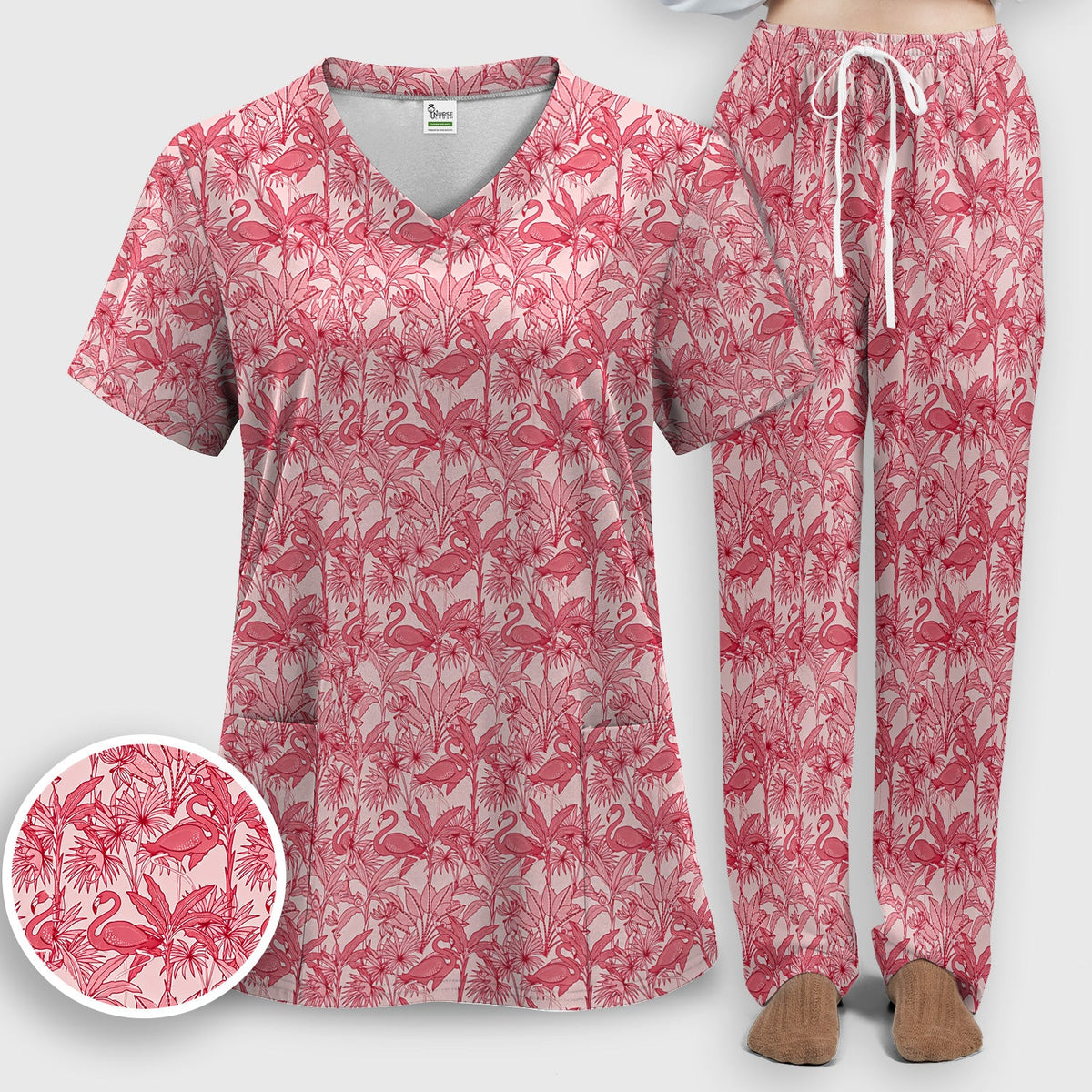 Tropical Flamingo Palm Leaves Nurse Scrub Set
