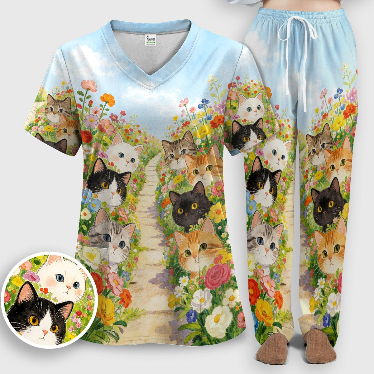 Garden Cats Flower Path Nurse Scrub Set