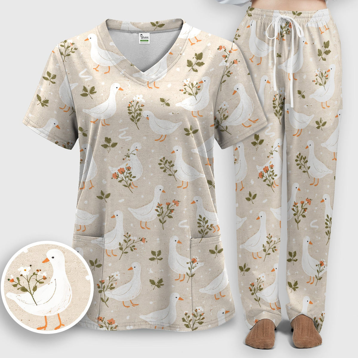 White Goose Floral Meadow Nurse Scrub Set