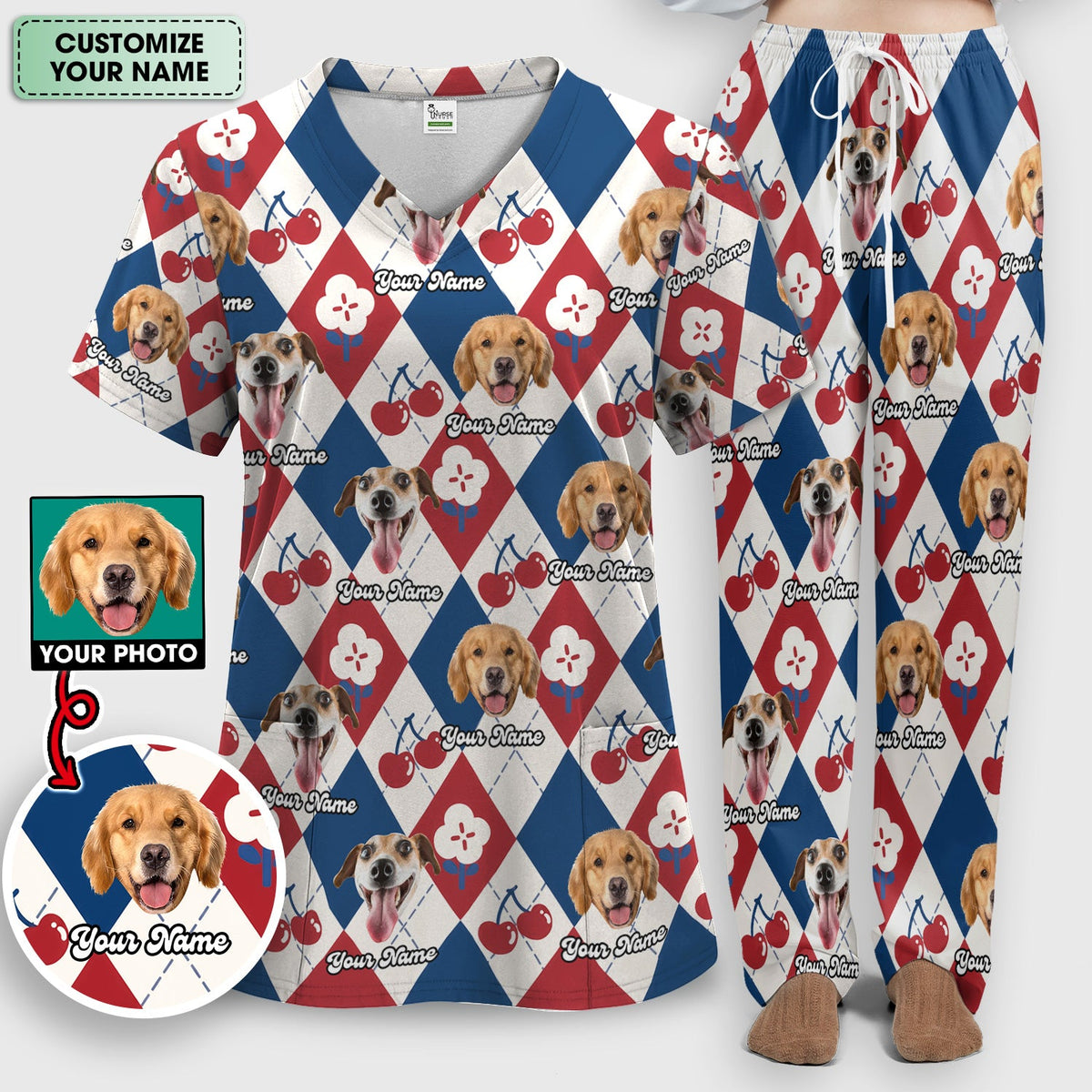 Dog Face Cherry Argyle Nurse Scrub Set