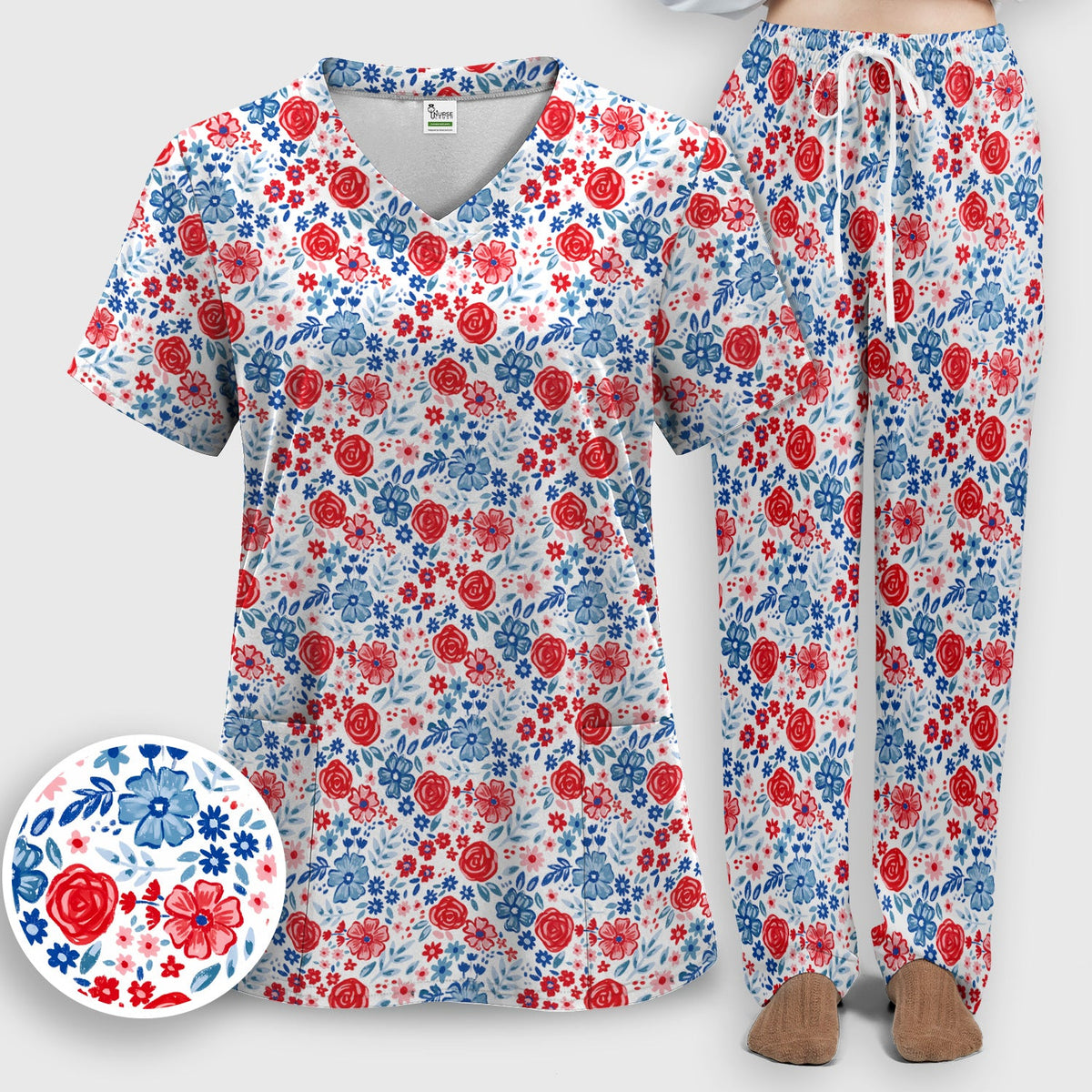Red Blue Floral Garden Blossom Nurse Scrub Set