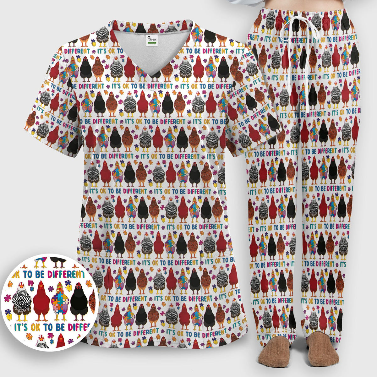Autism Chicken It's OK To Be Different Nurse Scrub Set