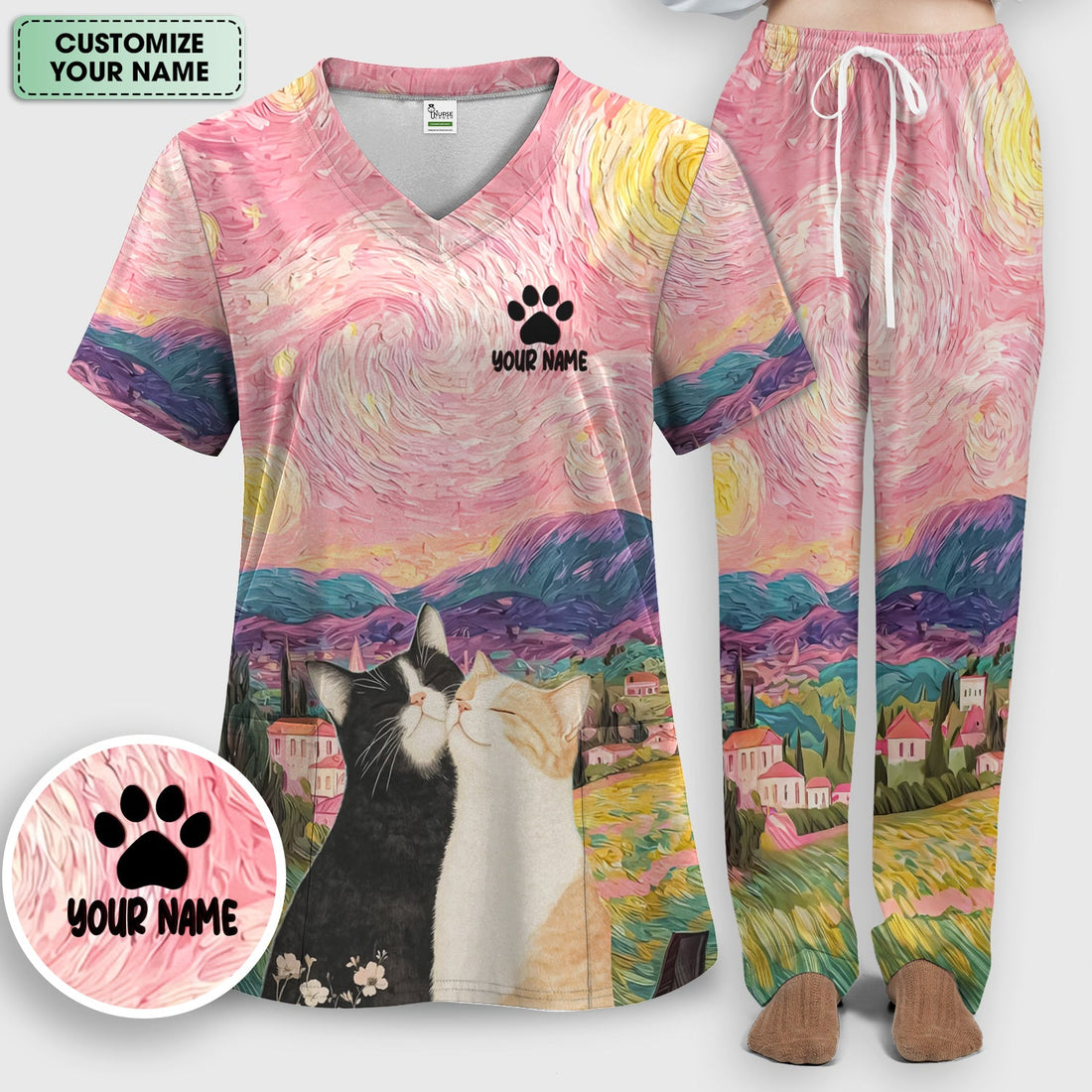 Personalized Cat Couple Sunset Sky Nurse Scrub Set