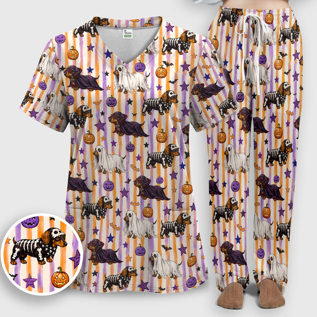 Dachshund Stripe Nurse Scrub Set - Halloween Gift