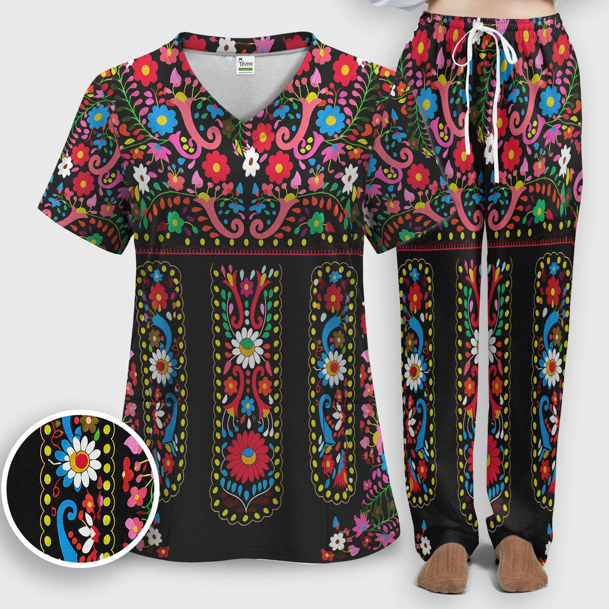 Colorful Folk Art Floral Nurse Scrub Set
