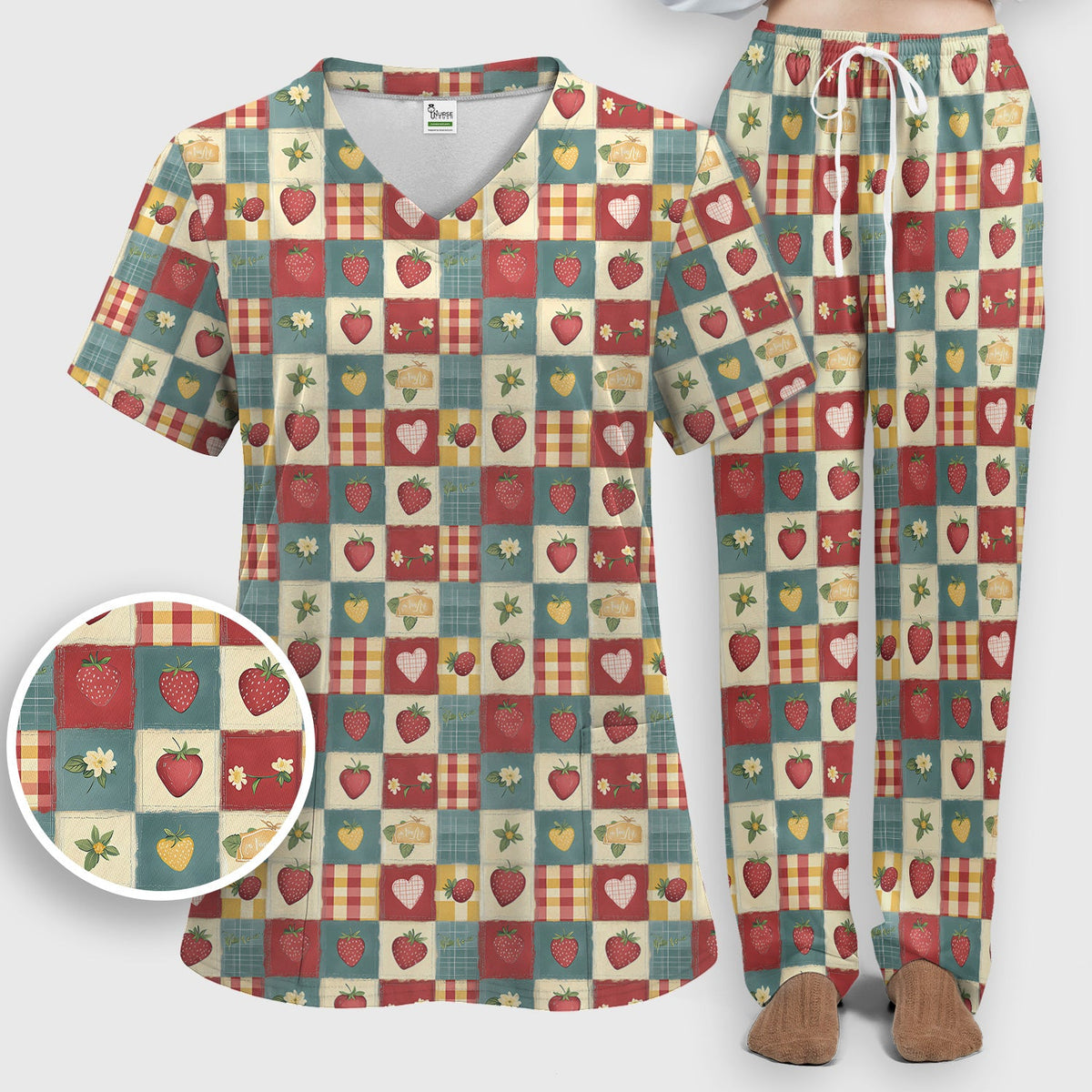 Strawberry Floral Patchwork Nurse Scrub Set