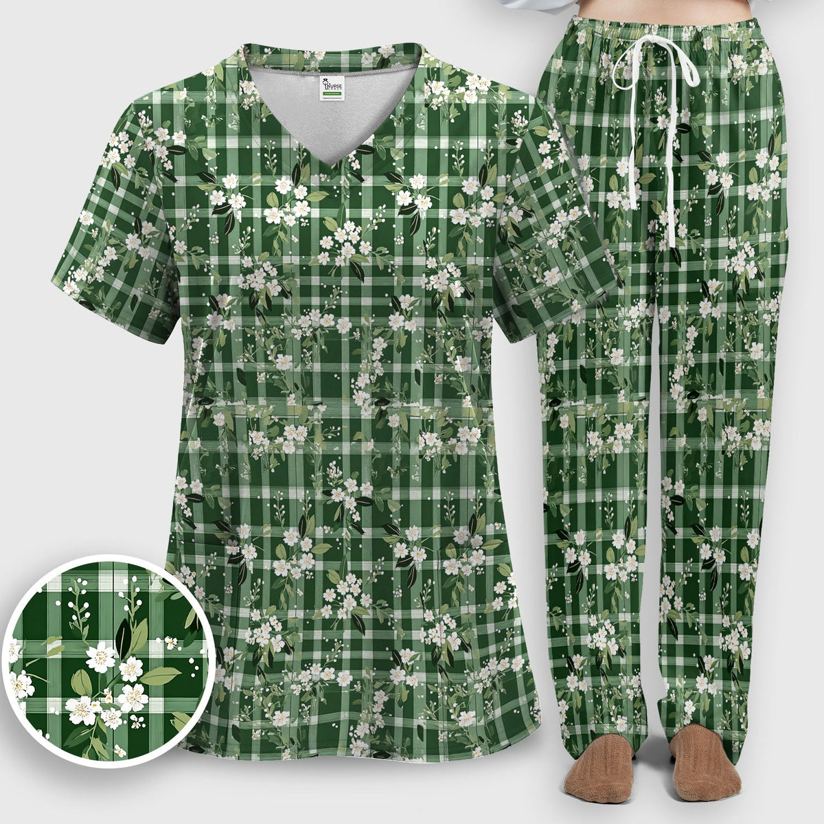 Green Gingham Floral Nurse Scrub Set