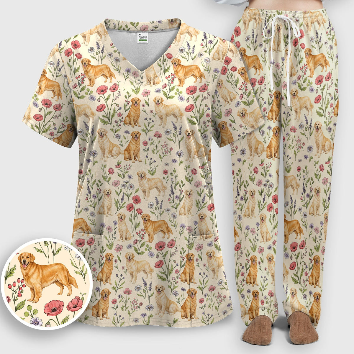 Golden Retriever Floral Nurse Scrub Set