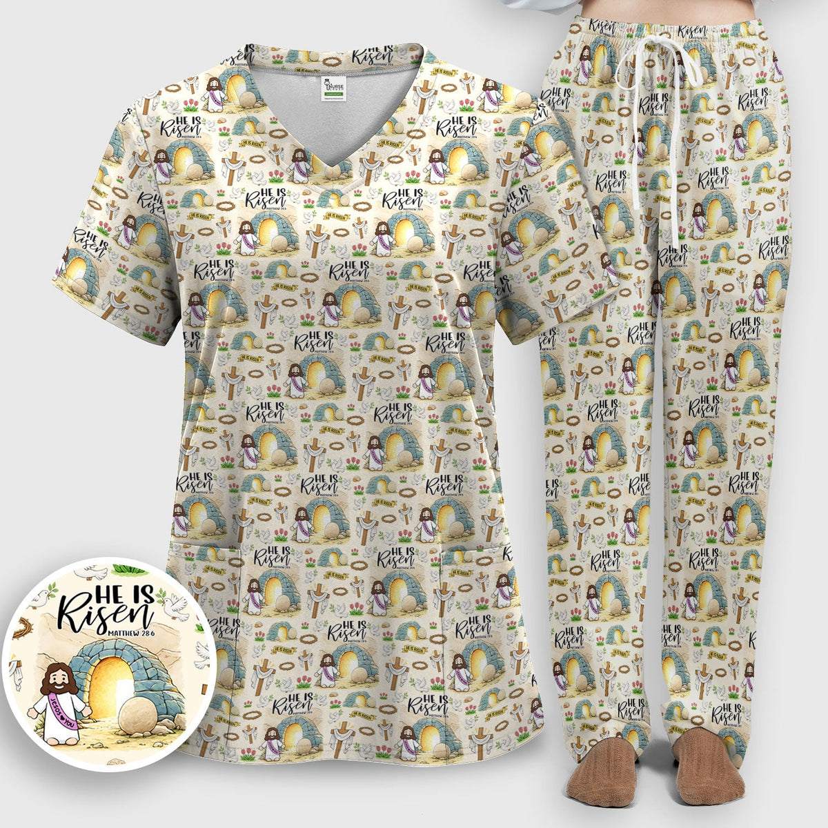 Easter He Is Risen Resurrection Nurse Scrub Set
