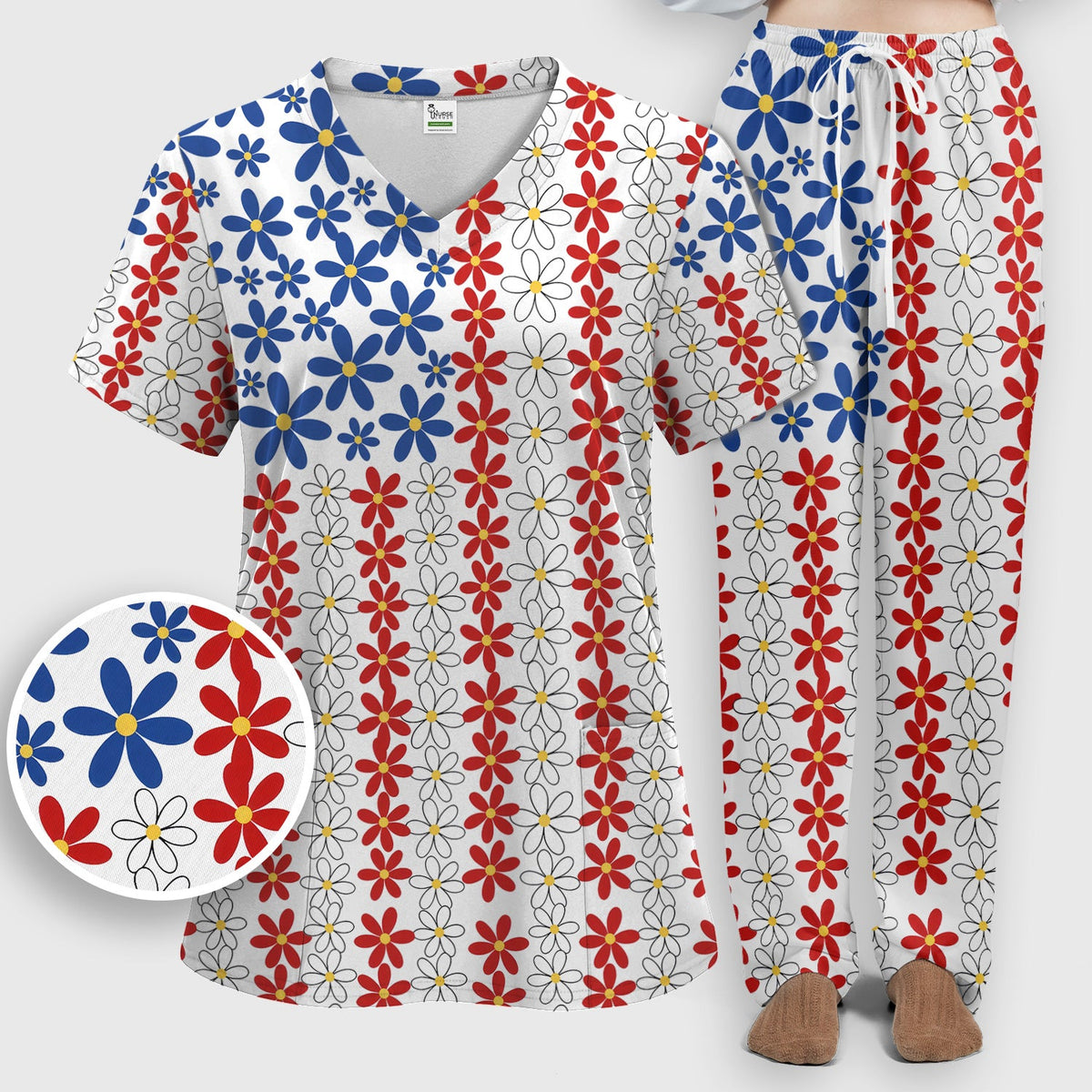Retro Red Blue Daisy Nurse Scrub Set