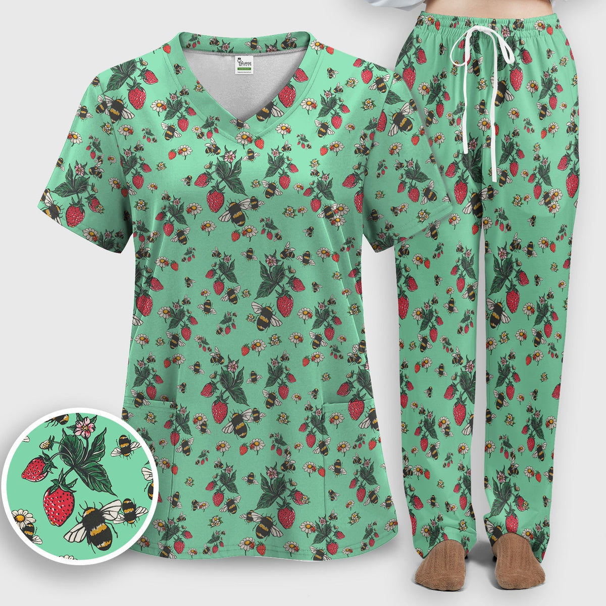 Strawberry Bee Daisy Nurse Scrub Set