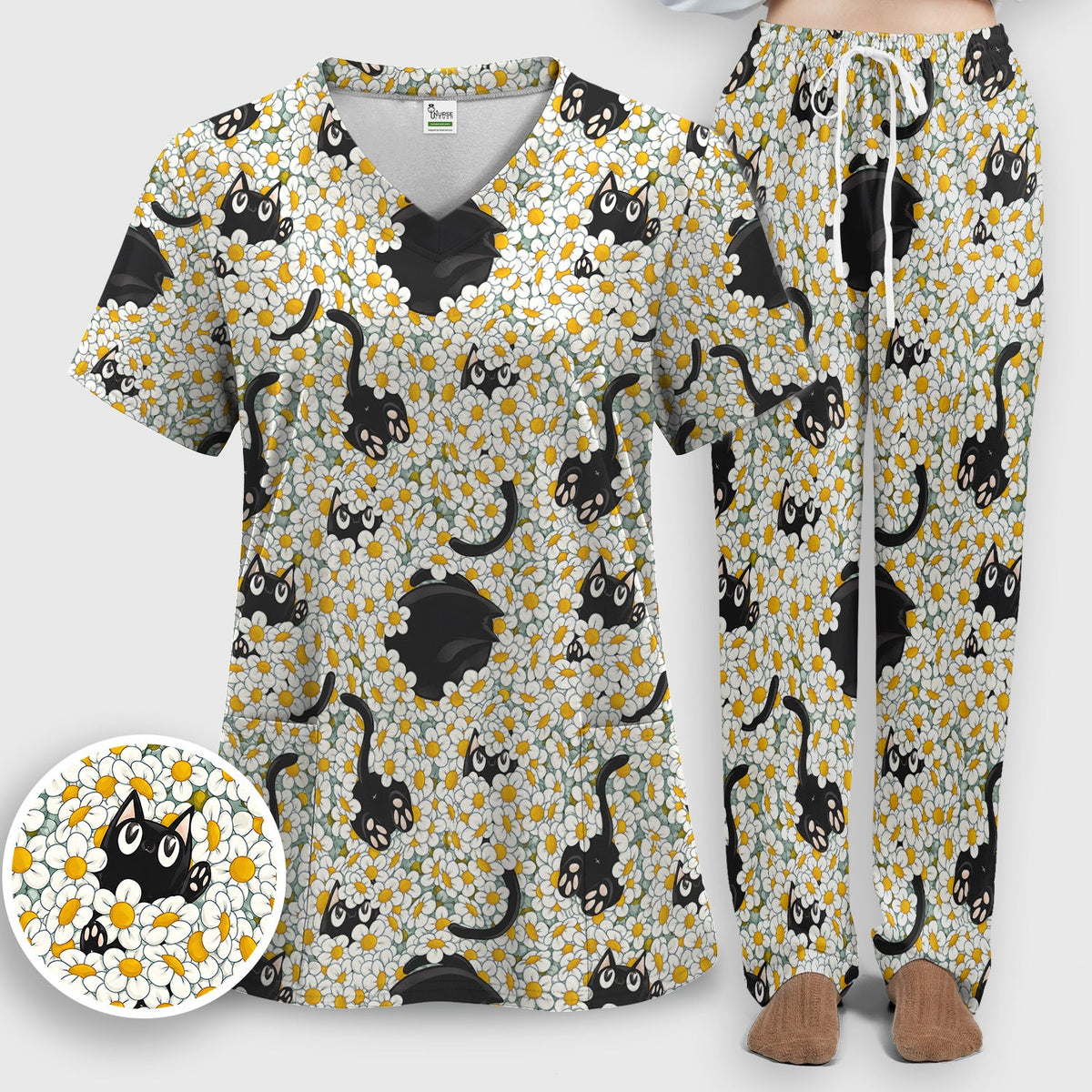 Daisy Black Cat Nurse Scrub Set