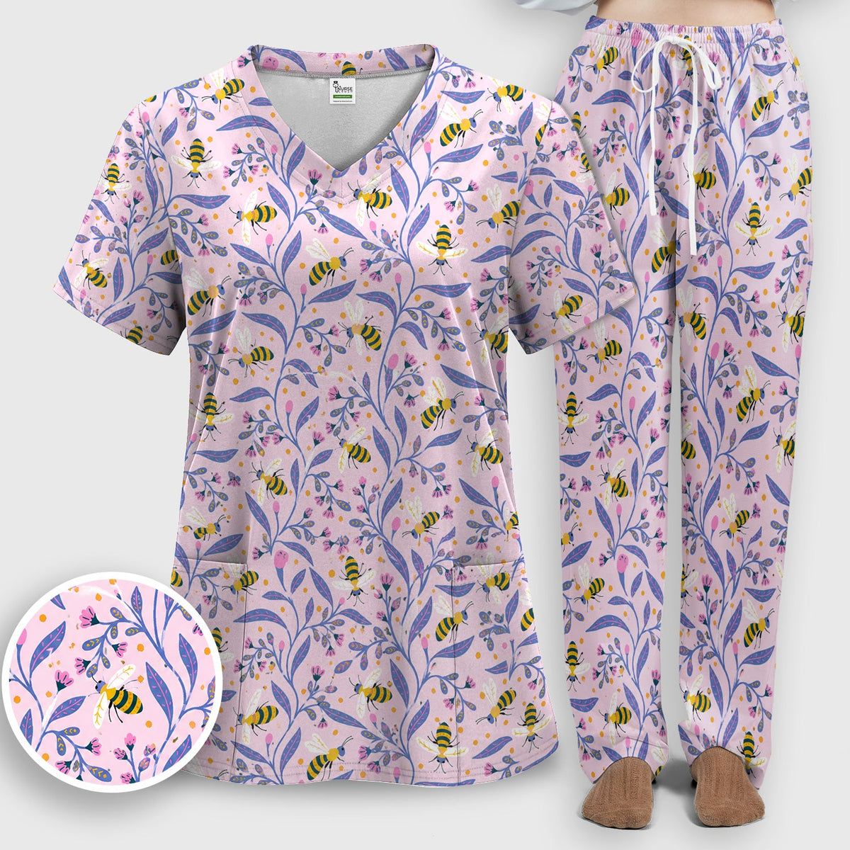 Cute Bumble Bee Floral Nurse Scrub Set