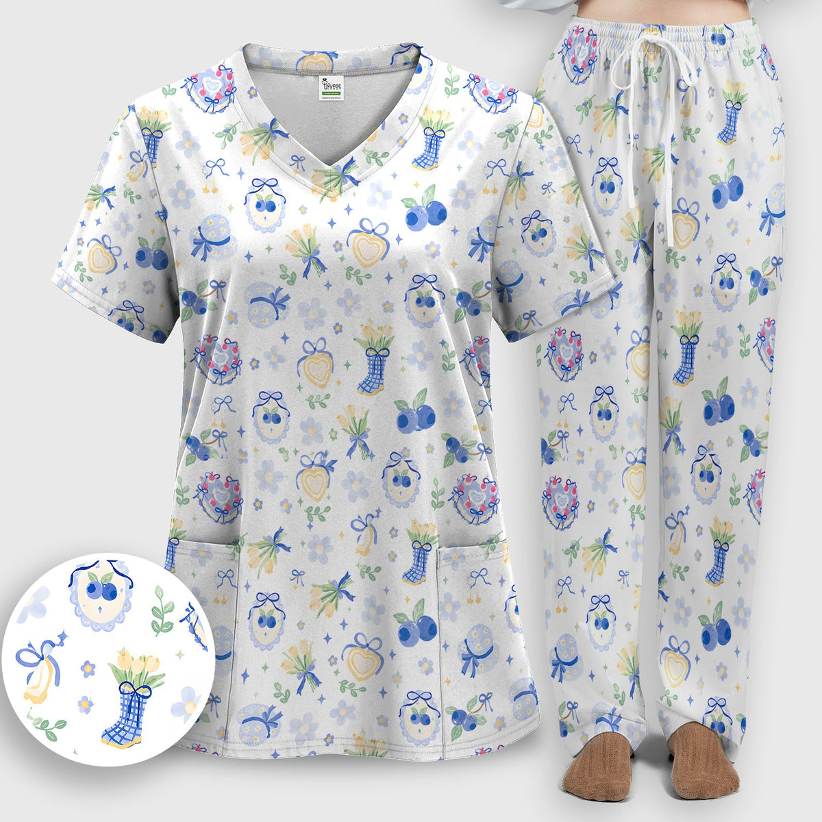 Cute Blueberry Bow Nurse Scrub Set