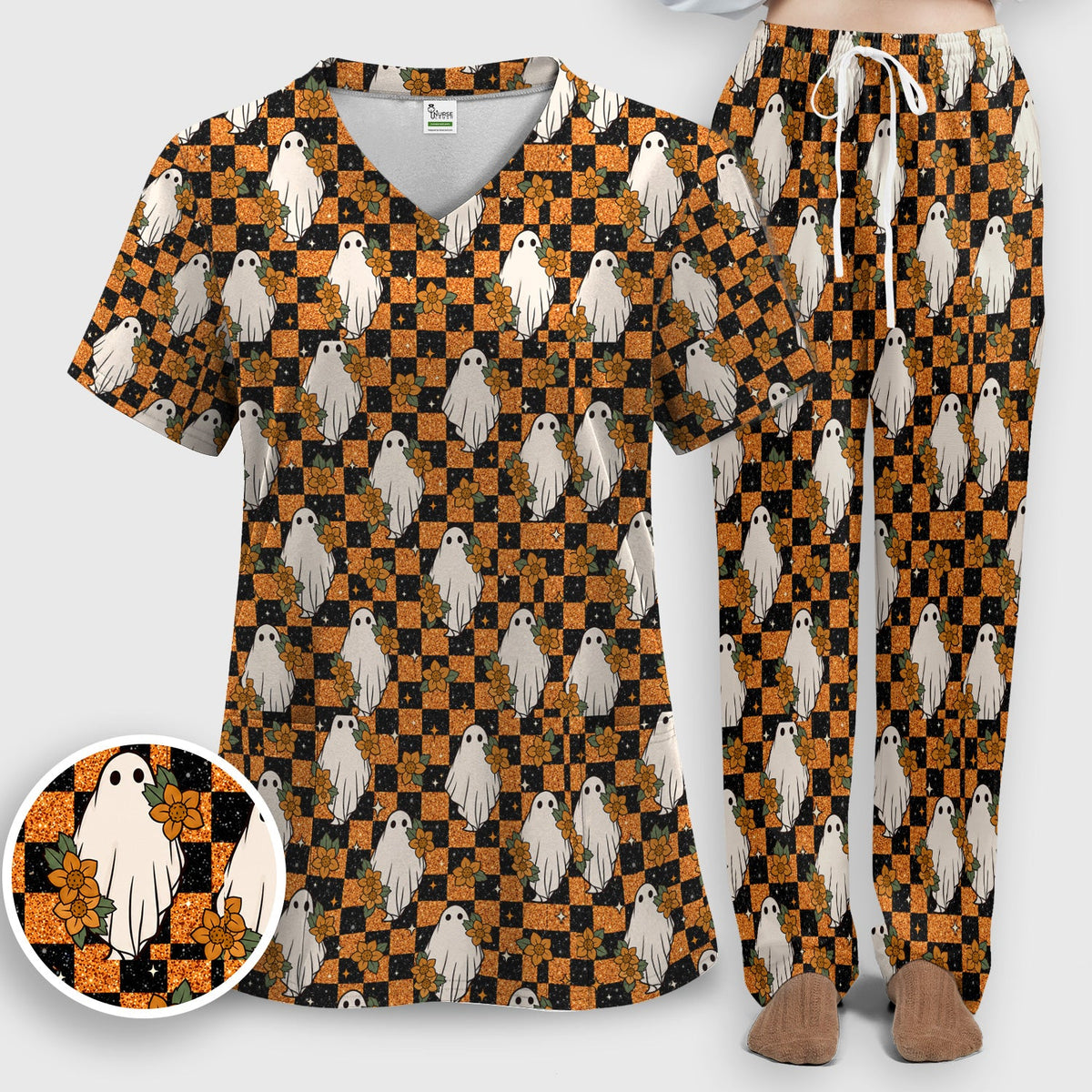 Spooky Ghost Checkerboard Nurse Scrub Set