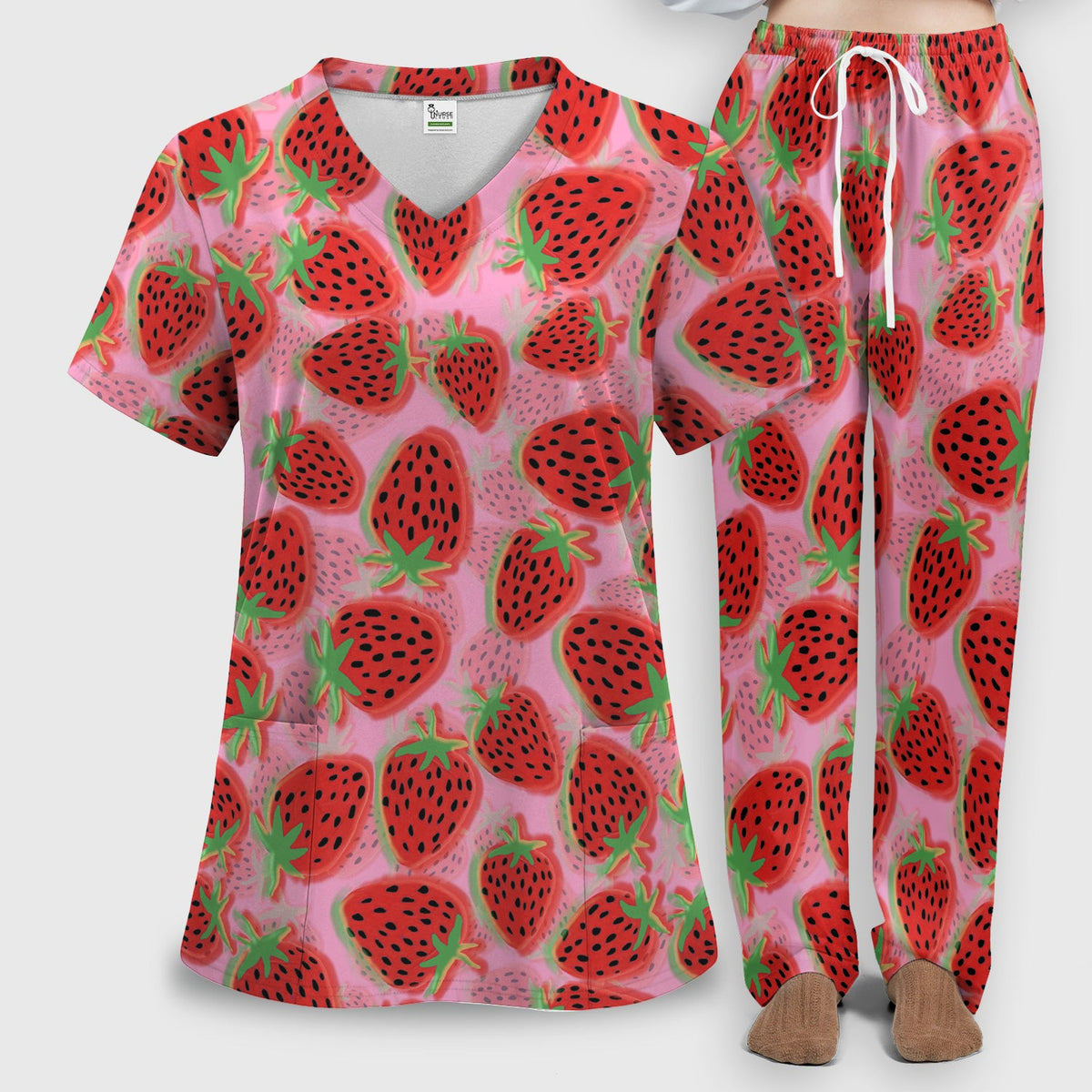 Pink Strawberry Pattern Scrub Set, Scrub Pants and V Neck Top