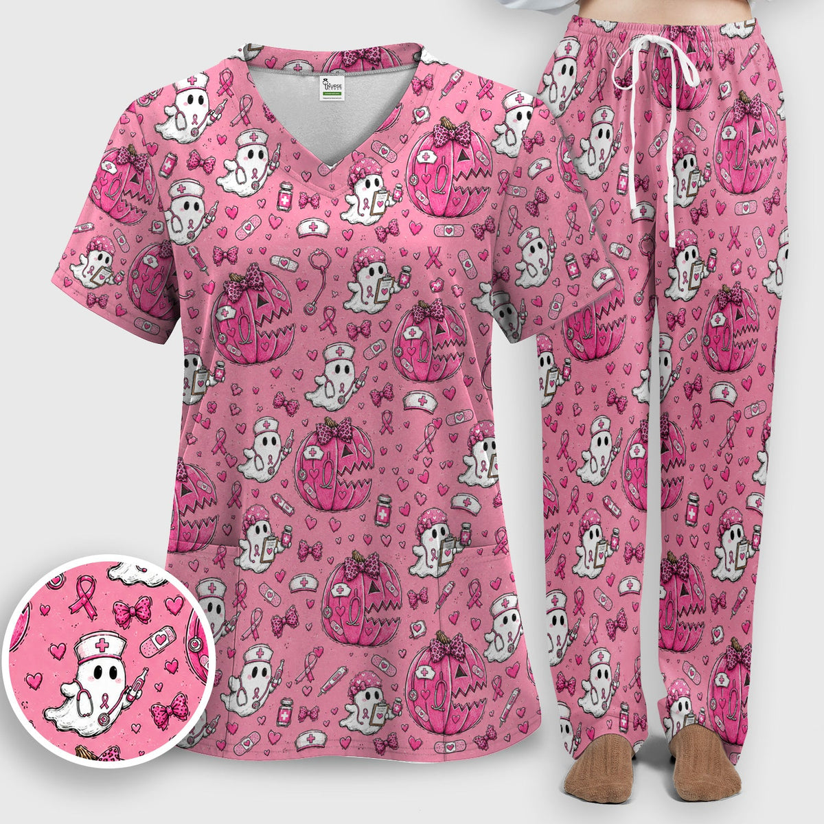 Pink Ribbon Ghost Pattern Nurse Scrub Set