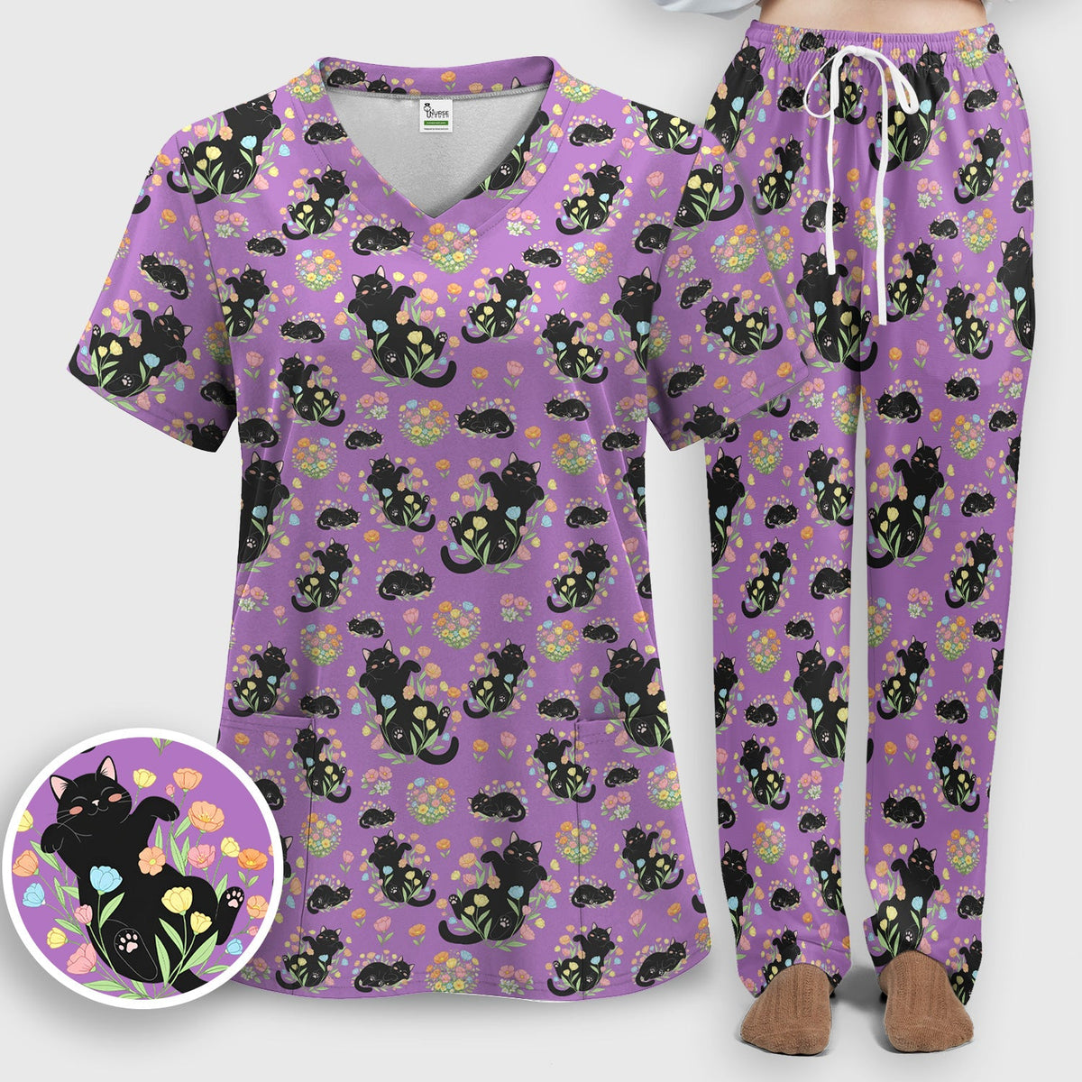 Cats Cute Poses Floral Nurse Scrub Set